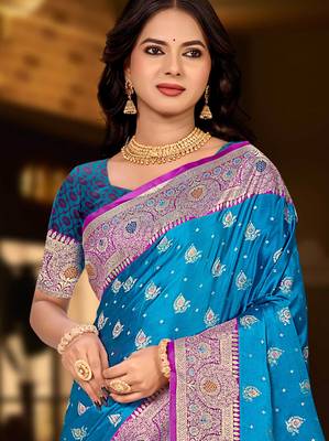 bright blue silk blend woven work traditional saree 2