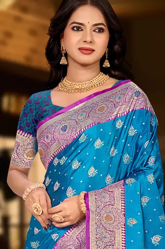 bright blue silk blend woven work traditional saree