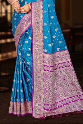 bright blue silk blend woven work traditional saree 3