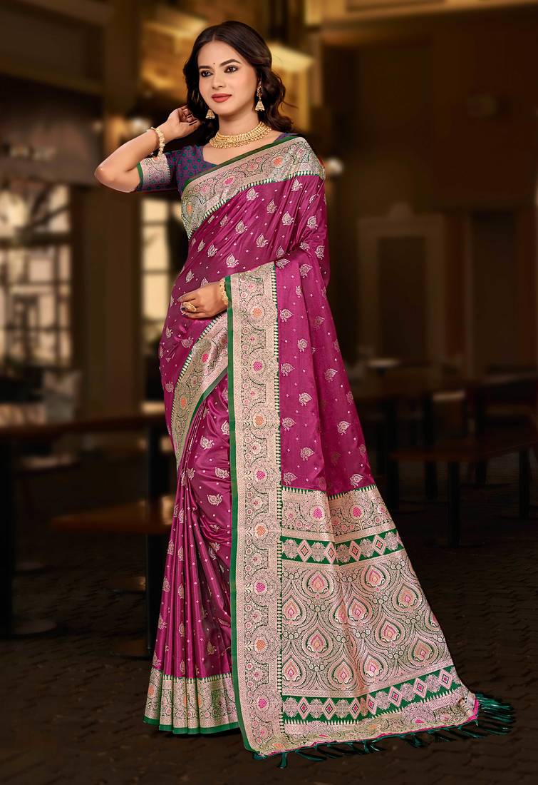 light plum silk blend woven work traditional saree