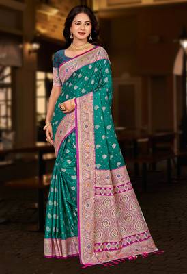 emerald green silk blend woven work traditional saree 1