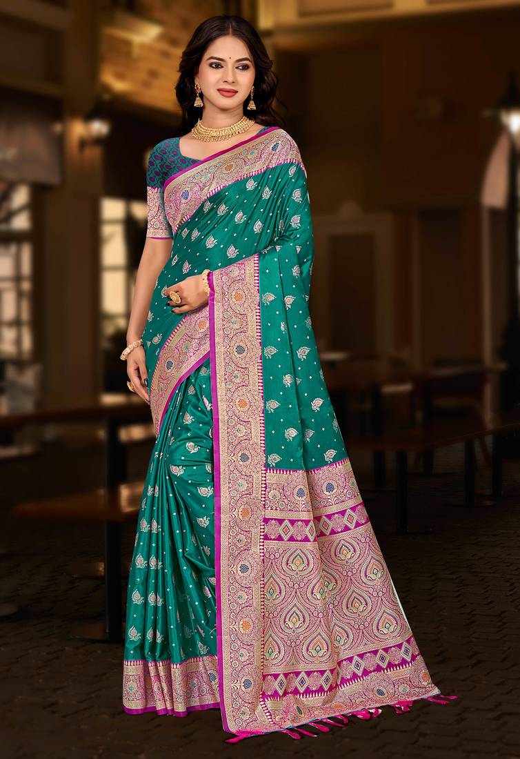 emerald green silk blend woven work traditional saree