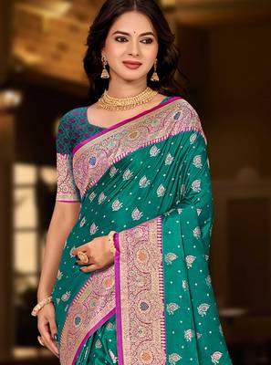 emerald green silk blend woven work traditional saree 2