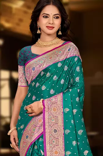 emerald green silk blend woven work traditional saree