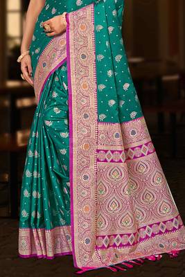 emerald green silk blend woven work traditional saree 3