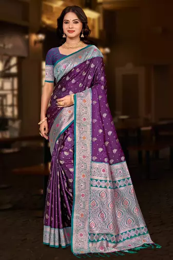 wine purple silk blend woven work traditional saree