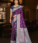 wine purple silk blend woven work traditional saree