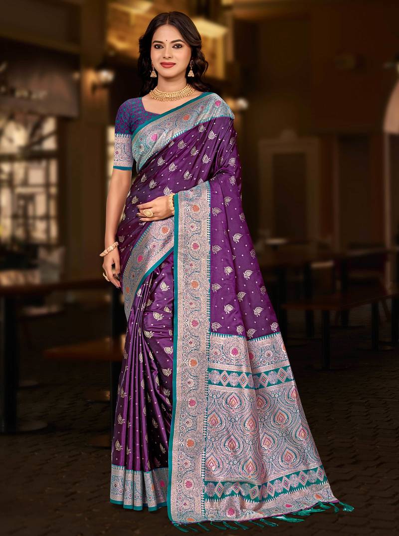 wine purple silk blend woven work traditional saree