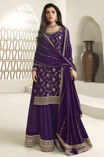 Purple Jaquard Silk Embroidery sequence Work Kurta Palazzo With Dupatta