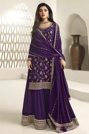 Purple Jaquard Silk Embroidery sequence Work Kurta Palazzo With Dupatta