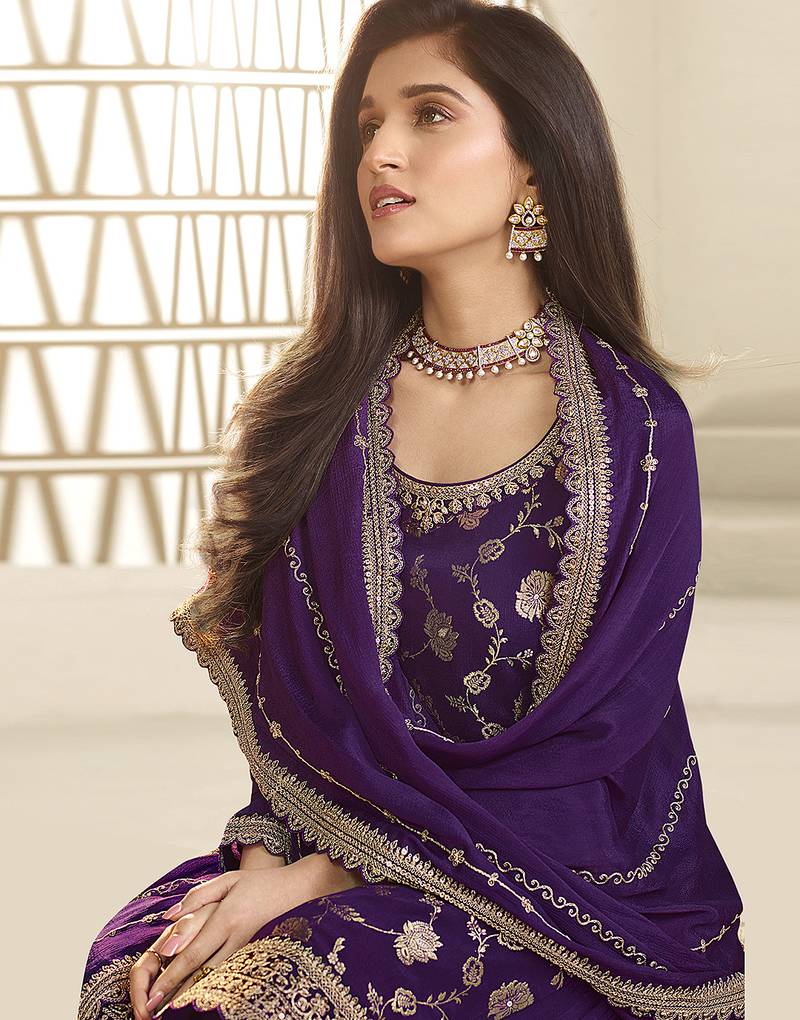 Purple Jaquard Silk Embroidery sequence Work Kurta Palazzo With Dupatta