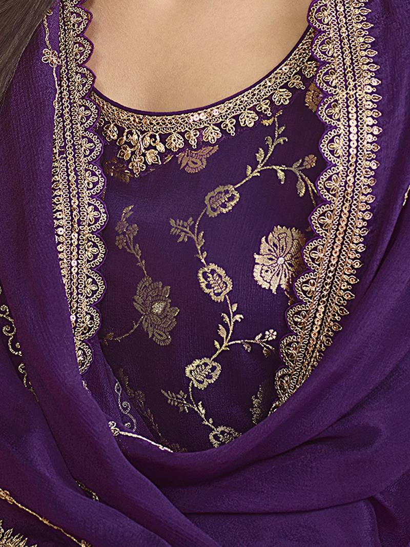 Purple Jaquard Silk Embroidery sequence Work Kurta Palazzo With Dupatta