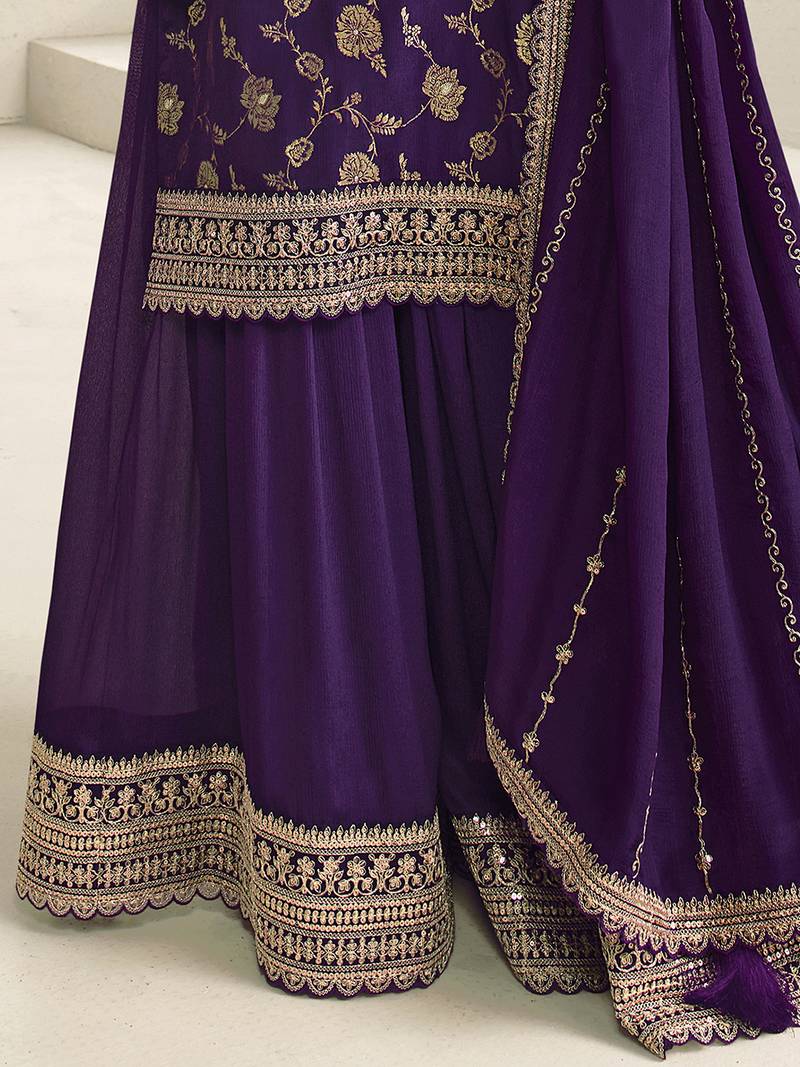 Purple Jaquard Silk Embroidery sequence Work Kurta Palazzo With Dupatta
