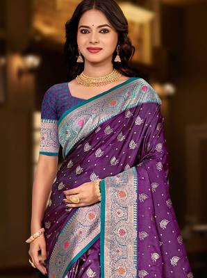 wine purple silk blend woven work traditional saree 2