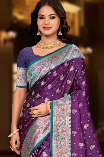 wine purple silk blend woven work traditional saree