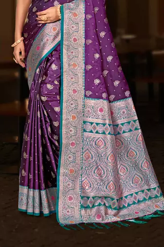 wine purple silk blend woven work traditional saree