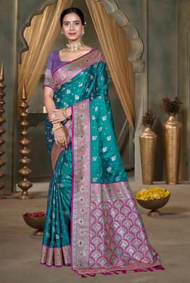 teal green silk blend woven work traditional saree 1
