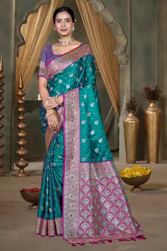 teal green silk blend woven work traditional saree