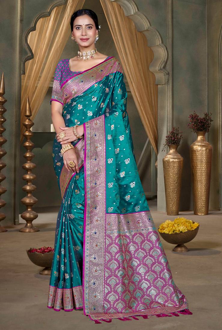 teal green silk blend woven work traditional saree