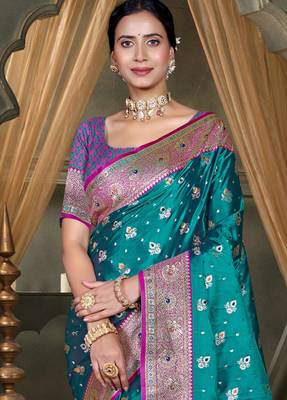 teal green silk blend woven work traditional saree 2