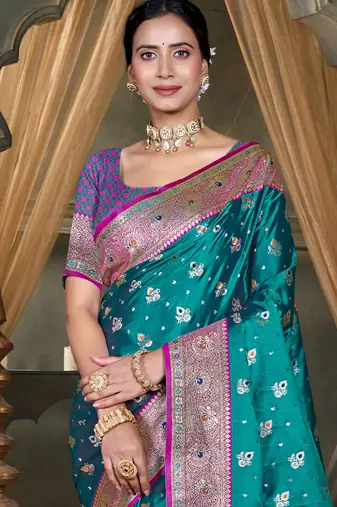 teal green silk blend woven work traditional saree