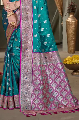 teal green silk blend woven work traditional saree