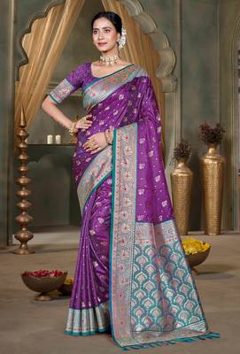 deep purple silk blend woven work traditional saree 1