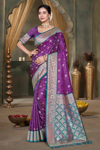 deep purple silk blend woven work traditional saree