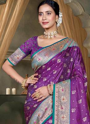 deep purple silk blend woven work traditional saree 2