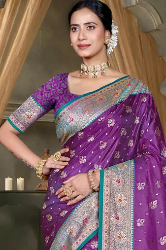 deep purple silk blend woven work traditional saree