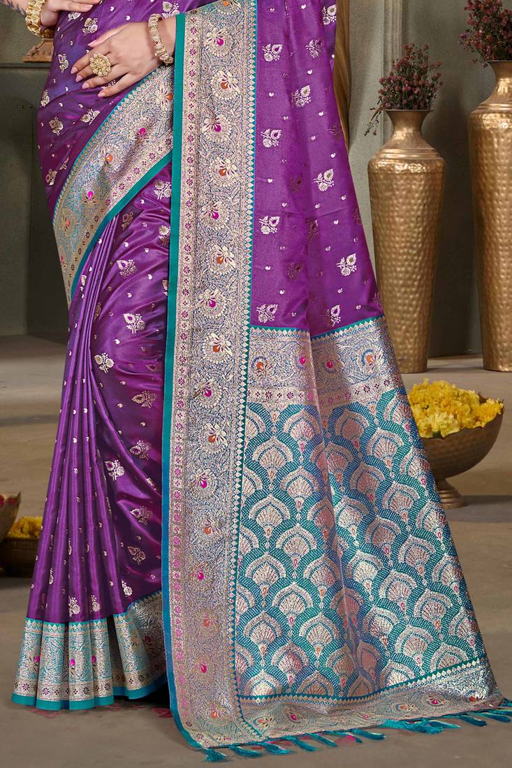 deep purple silk blend woven work traditional saree