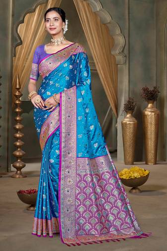 teal blue silk blend woven work traditional saree
