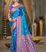 teal blue silk blend woven work traditional saree