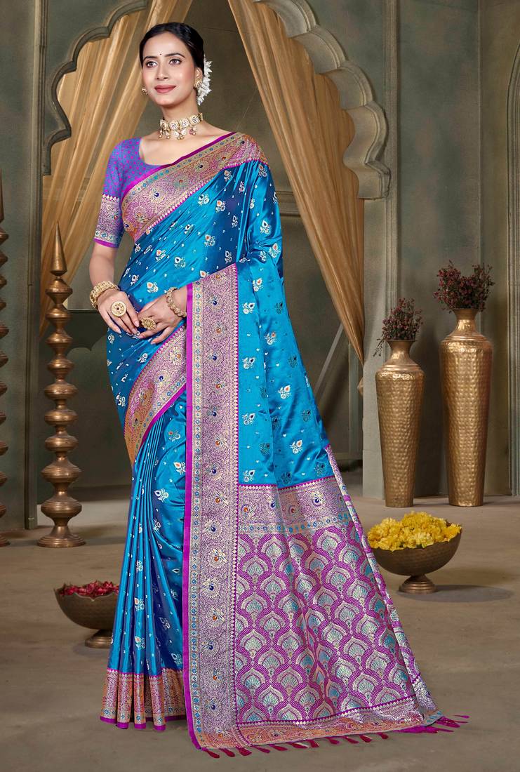 teal blue silk blend woven work traditional saree