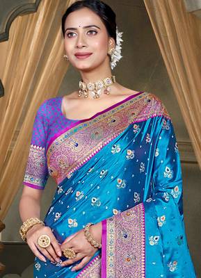 teal blue silk blend woven work traditional saree 2