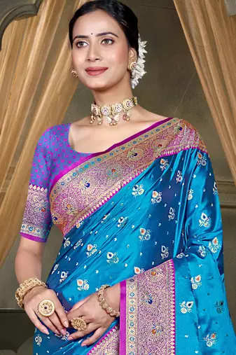 teal blue silk blend woven work traditional saree
