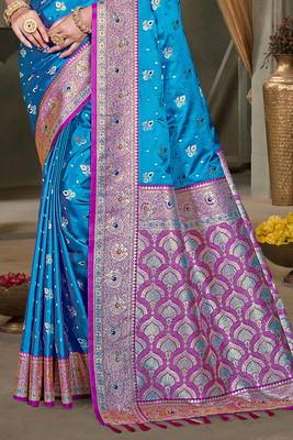 teal blue silk blend woven work traditional saree 3