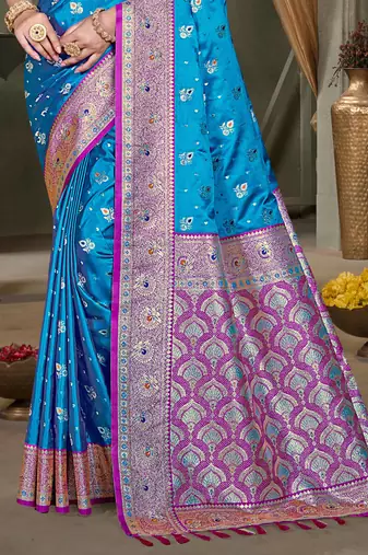 teal blue silk blend woven work traditional saree
