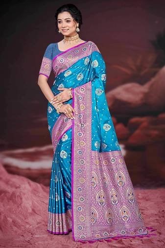 teal blue silk blend woven work traditional saree