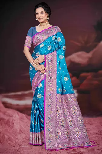 teal blue silk blend woven work traditional saree