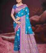 teal blue silk blend woven work traditional saree