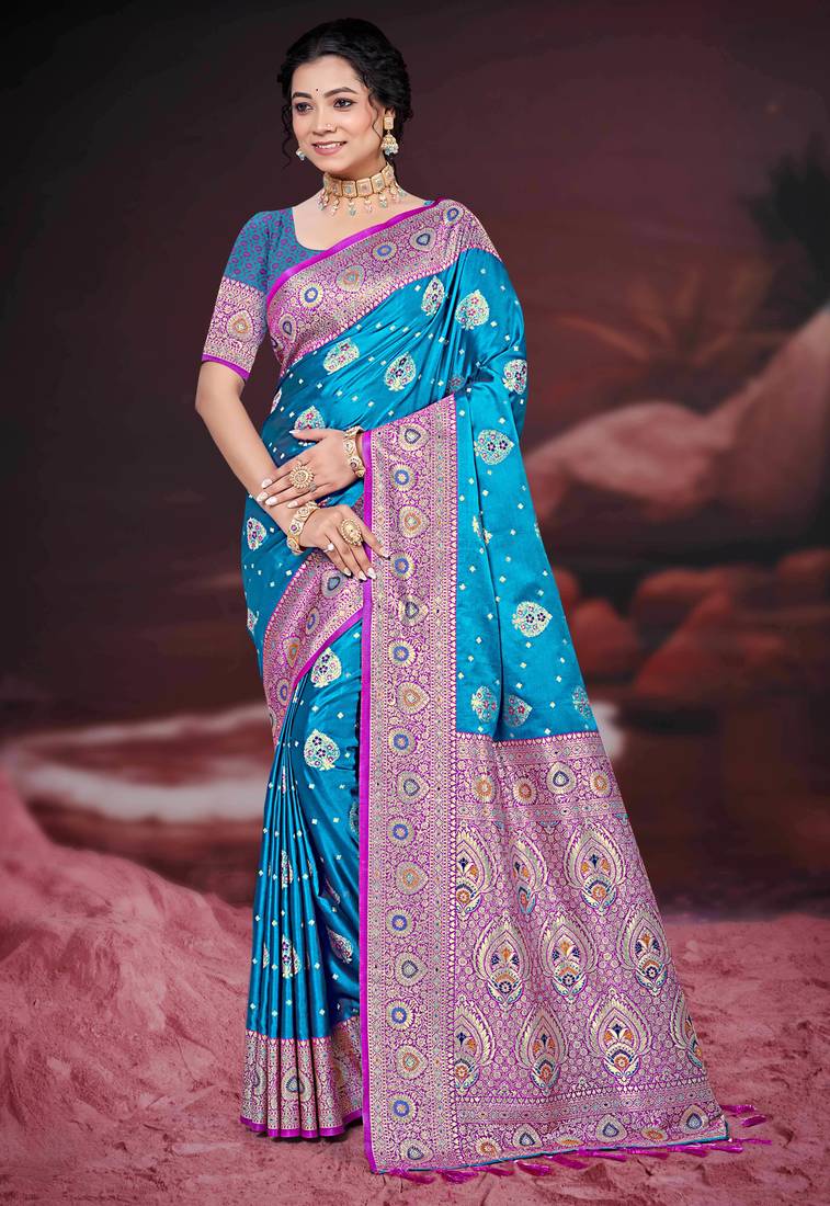 teal blue silk blend woven work traditional saree