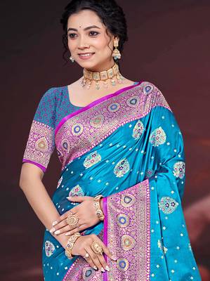 teal blue silk blend woven work traditional saree 2