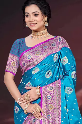teal blue silk blend woven work traditional saree