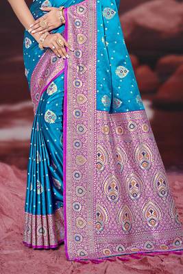 teal blue silk blend woven work traditional saree 3
