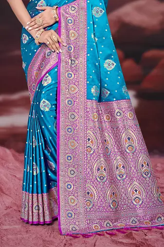 teal blue silk blend woven work traditional saree