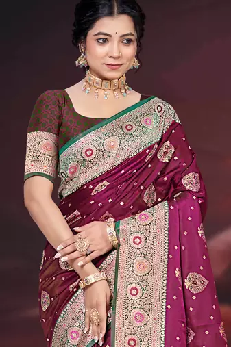 light plum silk blend woven work traditional saree