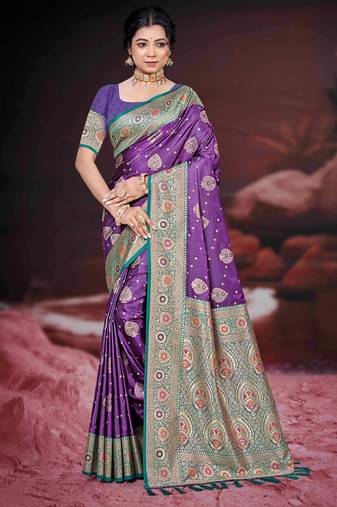 deep purple silk blend woven work traditional saree