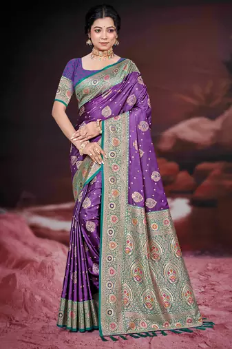 deep purple silk blend woven work traditional saree