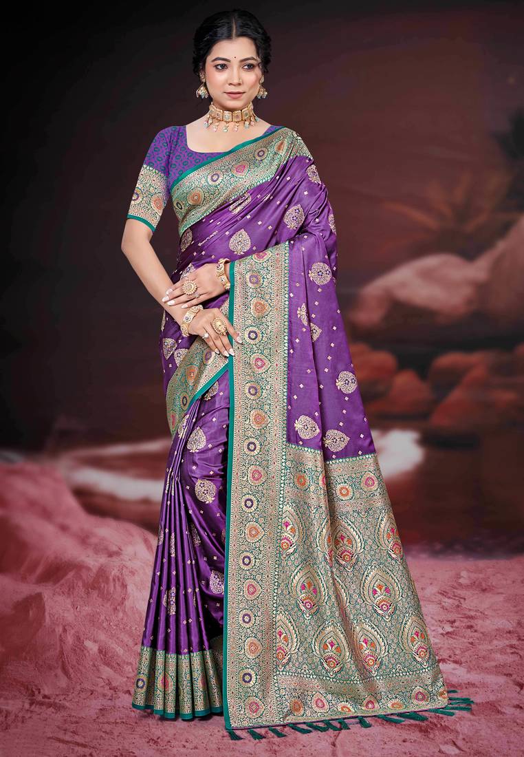 deep purple silk blend woven work traditional saree